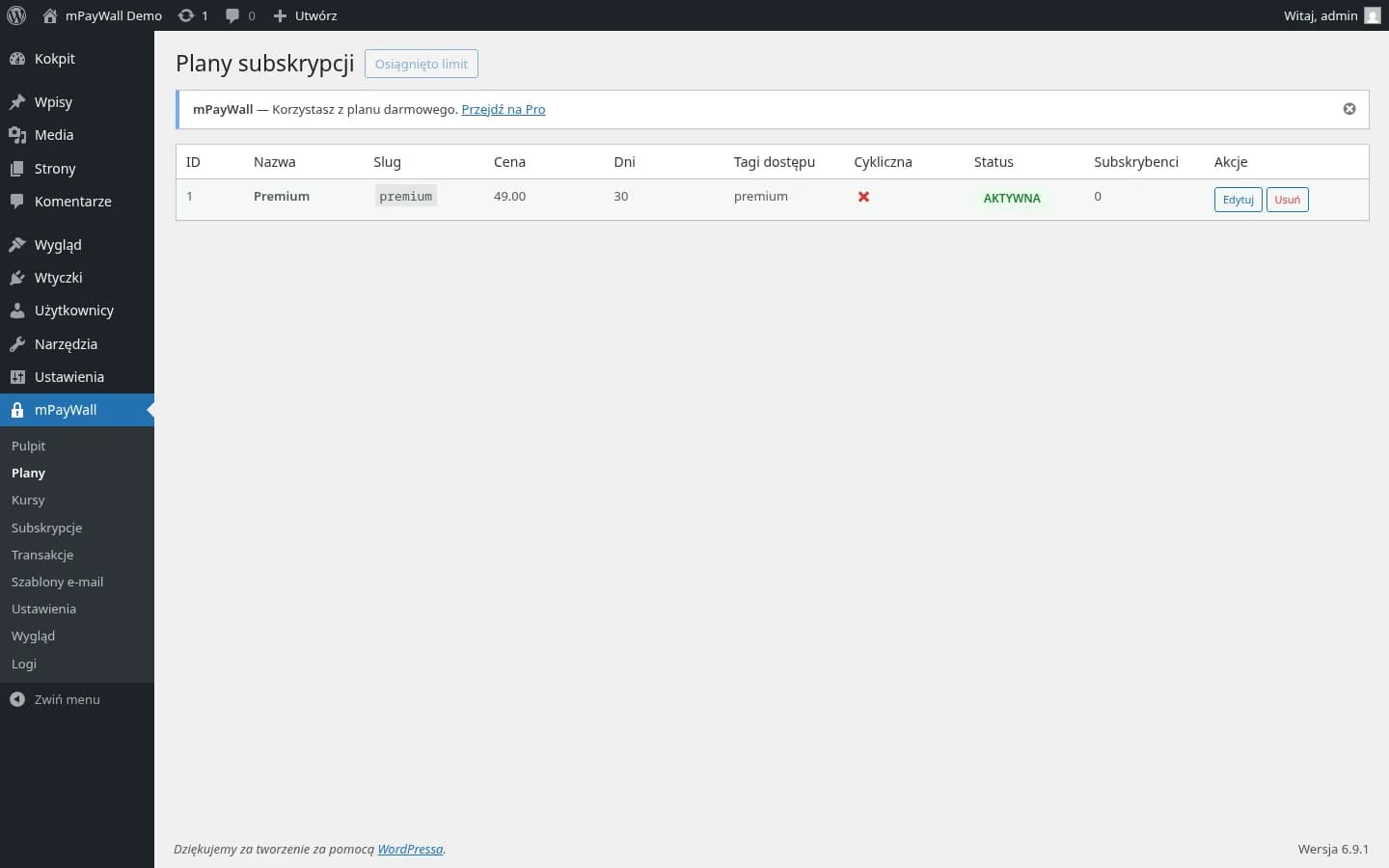 Lista planów subskrypcyjnych z planem Premium
