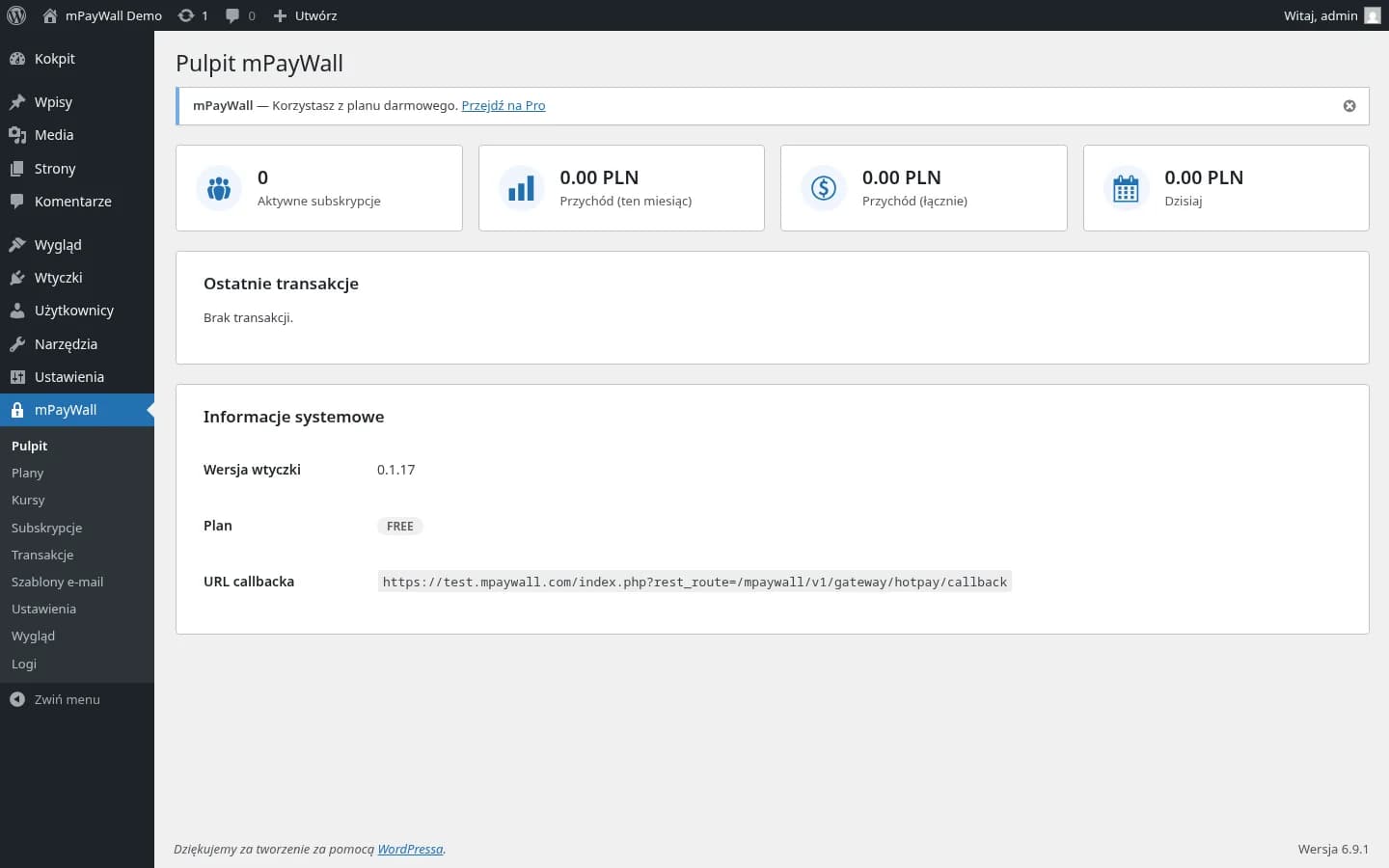 Strona aktywacji licencji mPayWall z polami e-mail i klucza