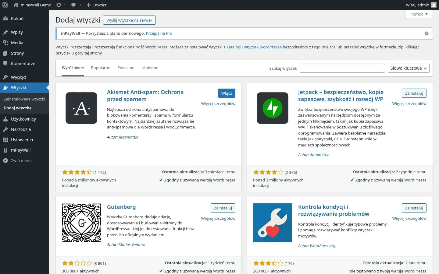 Ekran dodawania wtyczek w panelu WordPress
